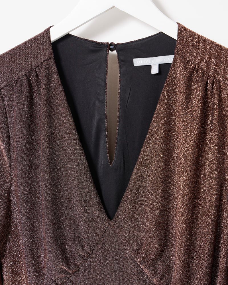Brown Shimmer V-Neck Short Sleeve Jumpsuit
