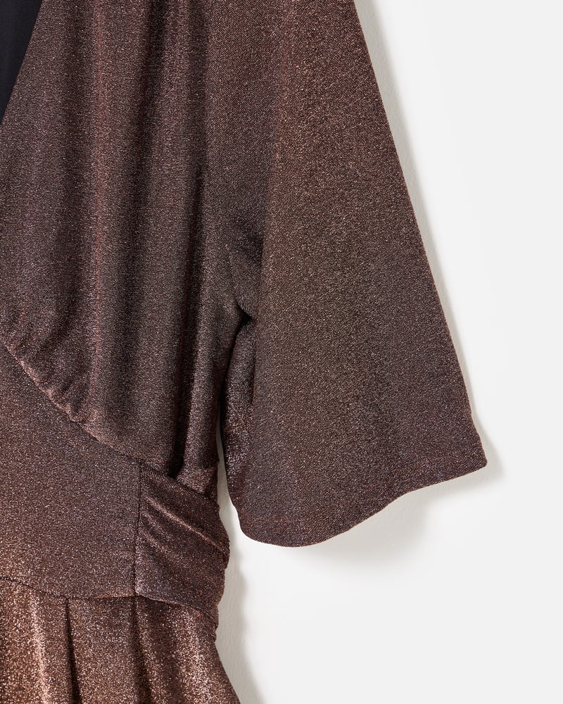 Brown Shimmer V-Neck Short Sleeve Jumpsuit