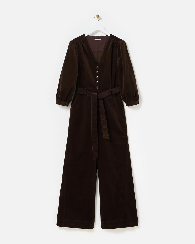 Chocolate Brown Corduroy V-Neck Tie Waist Jumpsuit