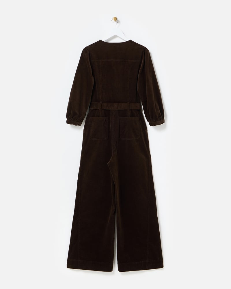 Chocolate Brown Corduroy V-Neck Tie Waist Jumpsuit