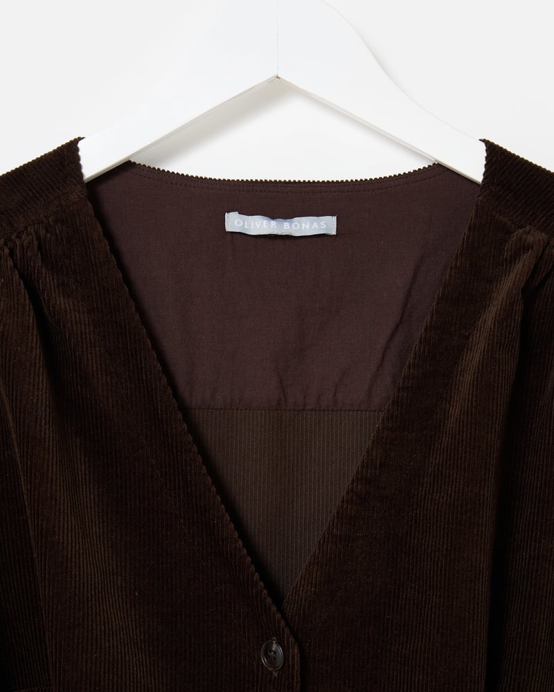 Chocolate Brown Corduroy V-Neck Tie Waist Jumpsuit