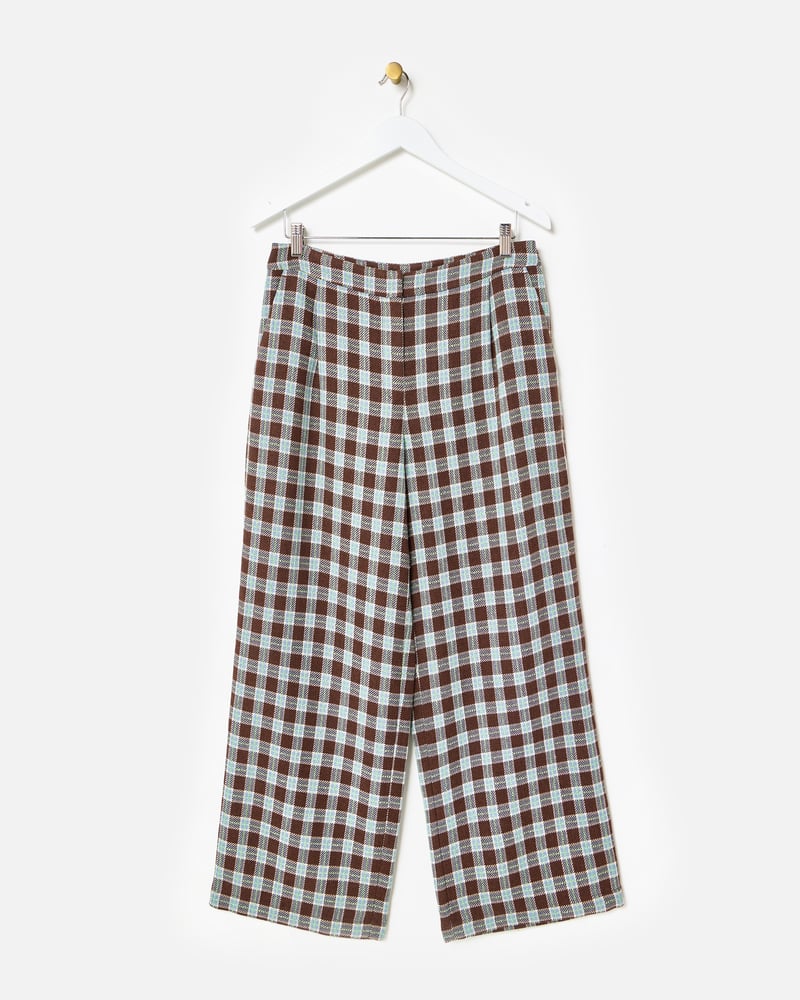 Chocolate Brown & Blue Checked Wide Leg Trousers