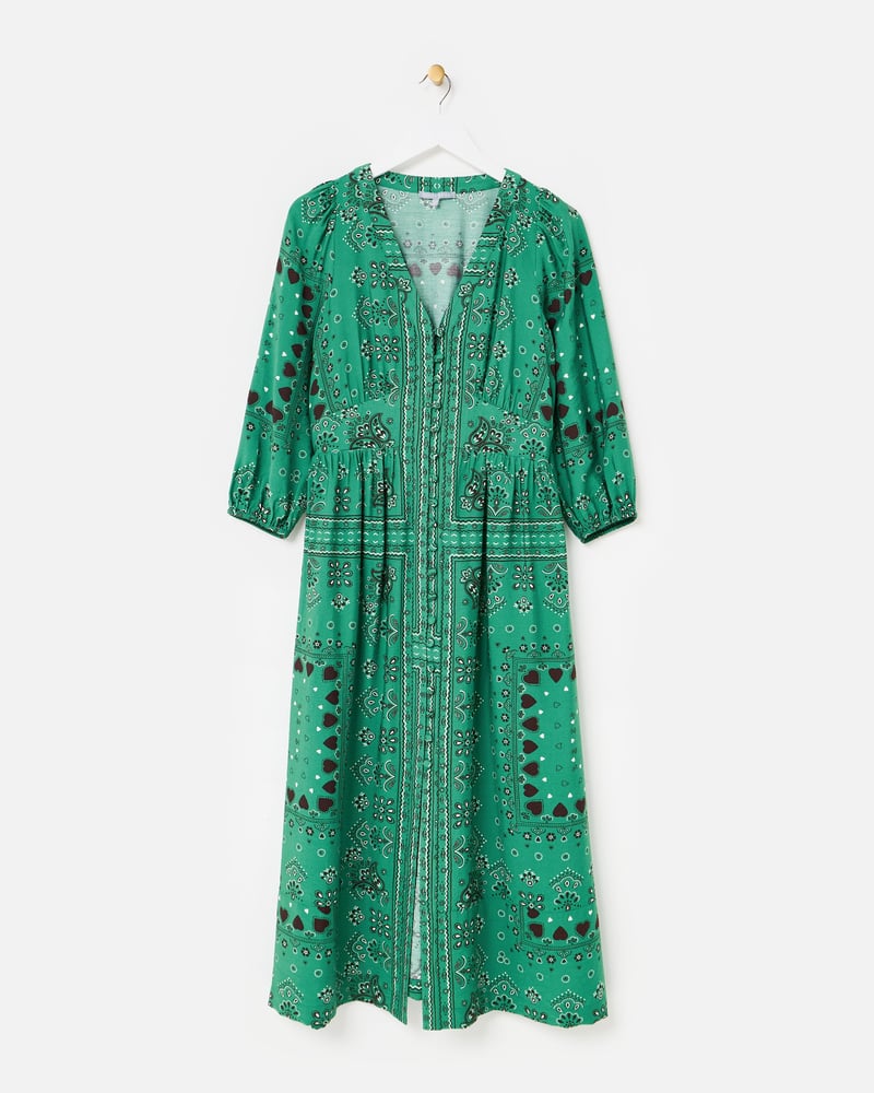 Green Paisley Bandana Print V-Neck Midi Dress