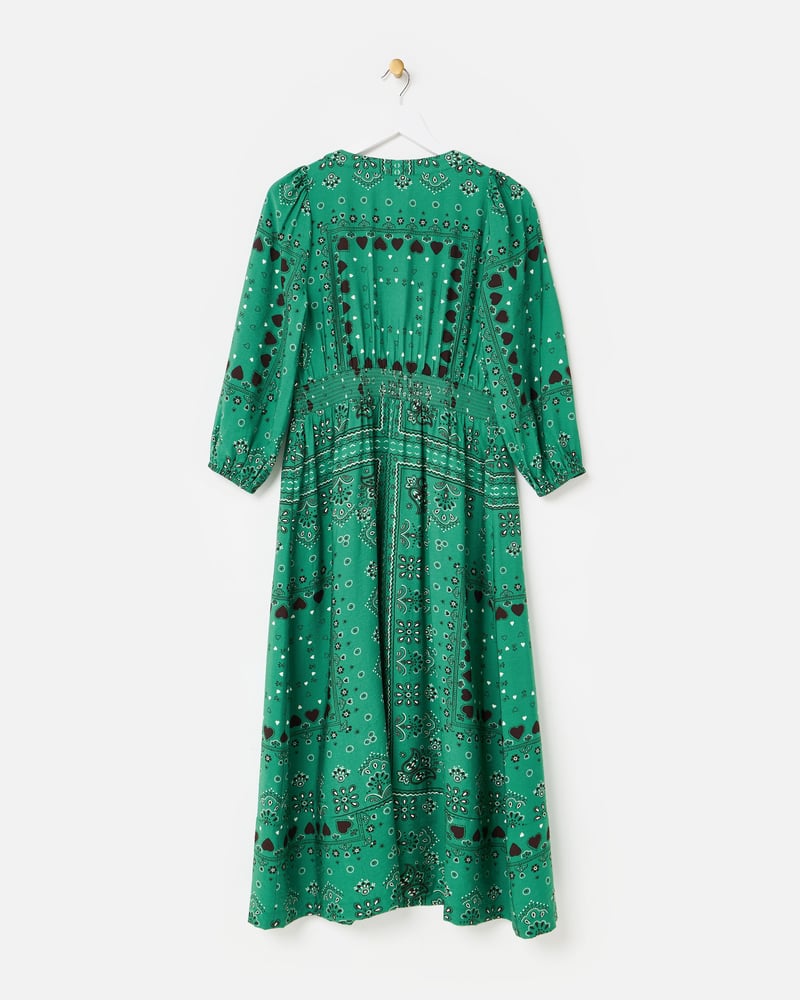Green Paisley Bandana Print V-Neck Midi Dress