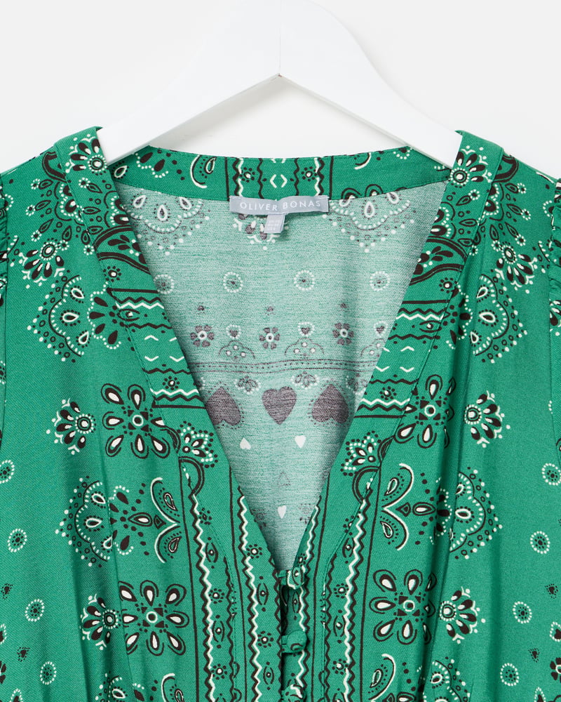 Green Paisley Bandana Print V-Neck Midi Dress