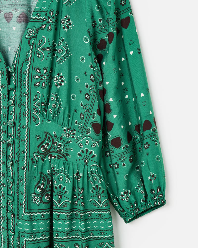 Green Paisley Bandana Print V-Neck Midi Dress