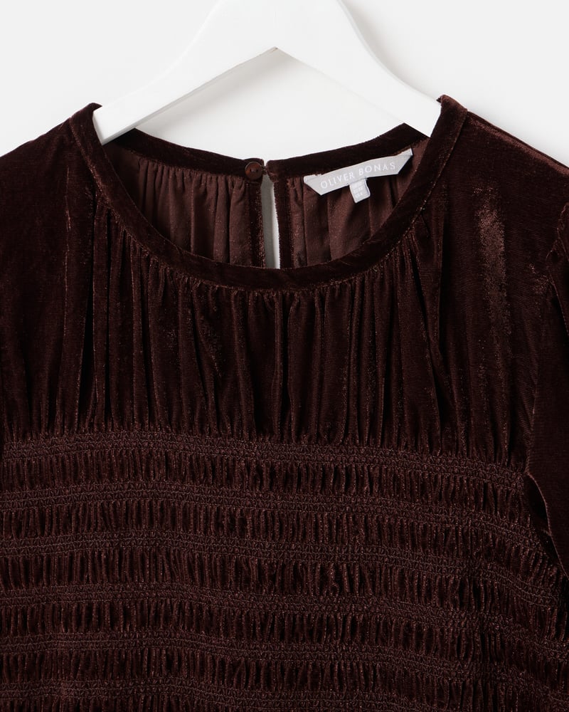 Chocolate Brown Velvet Shirred Bodice T-Shirt