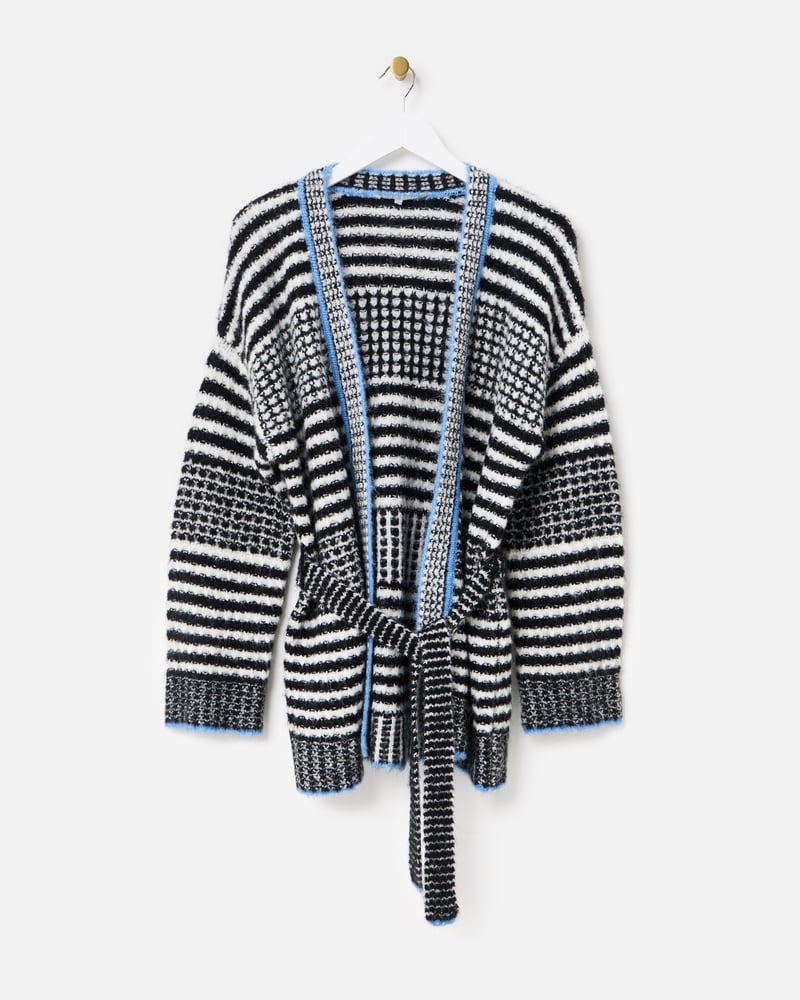 Monochrome Striped Tie Waist Knitted Cardigan
