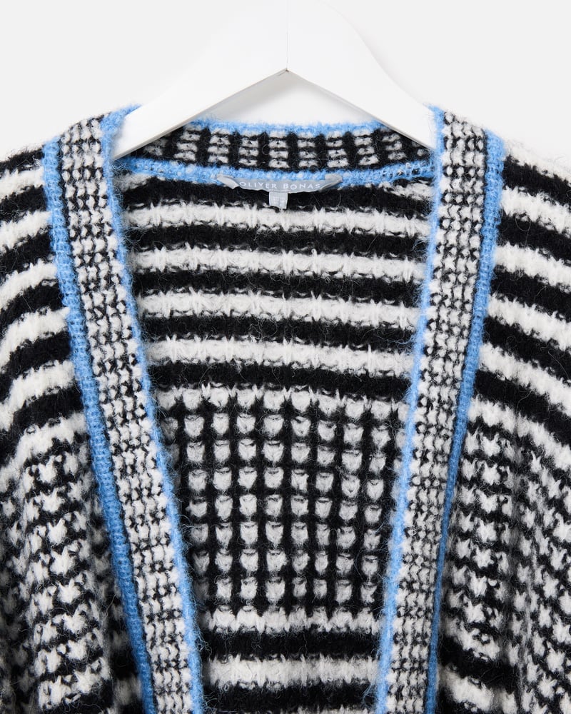Monochrome Striped Tie Waist Knitted Cardigan