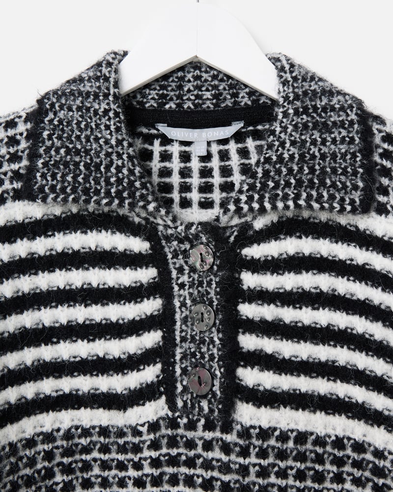 Monochrome Striped Collared Knitted Jumper