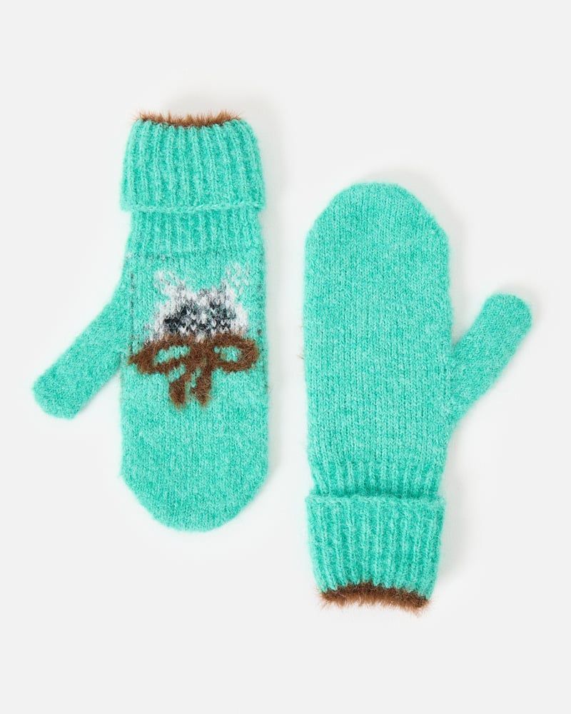 Fluffy Jade Green Cat Knitted Mitten Gloves