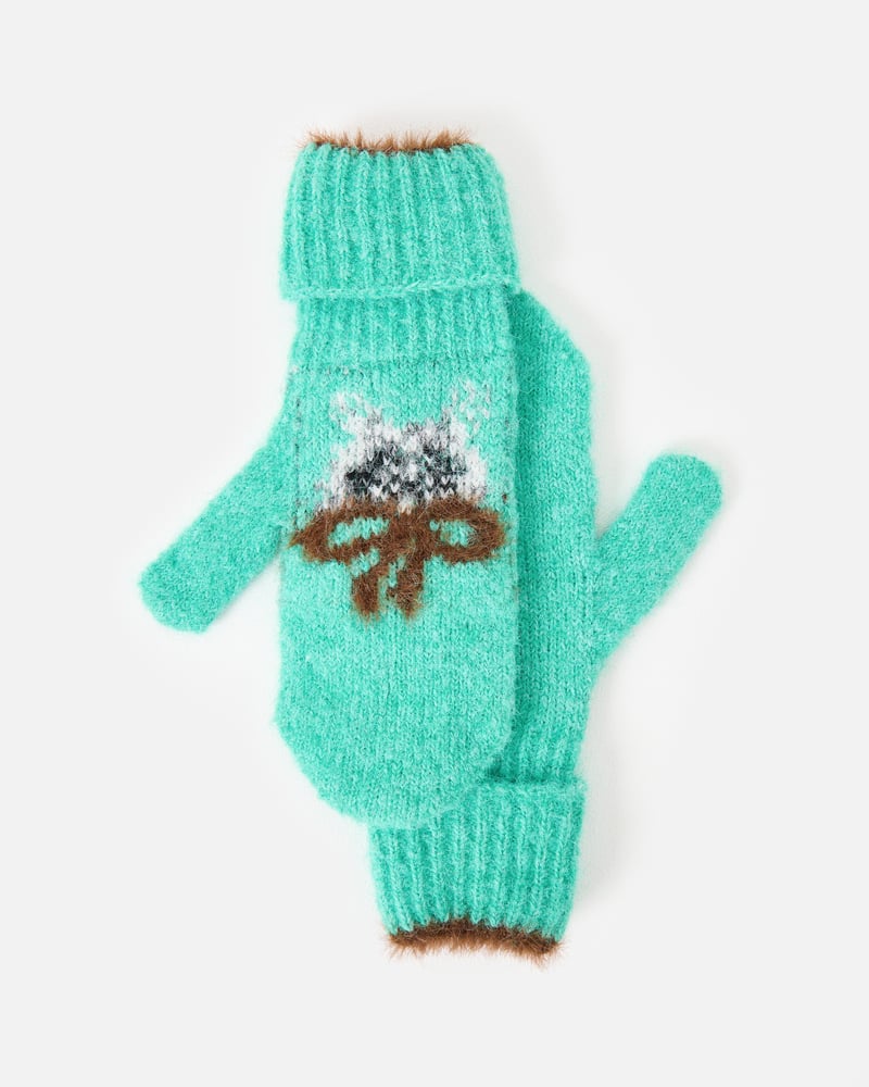 Fluffy Jade Green Cat Knitted Mitten Gloves