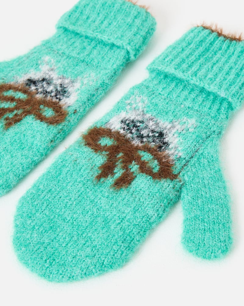 Fluffy Jade Green Cat Knitted Mitten Gloves