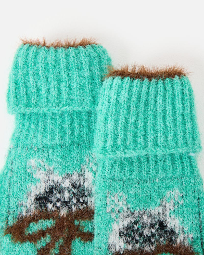 Fluffy Jade Green Cat Knitted Mitten Gloves