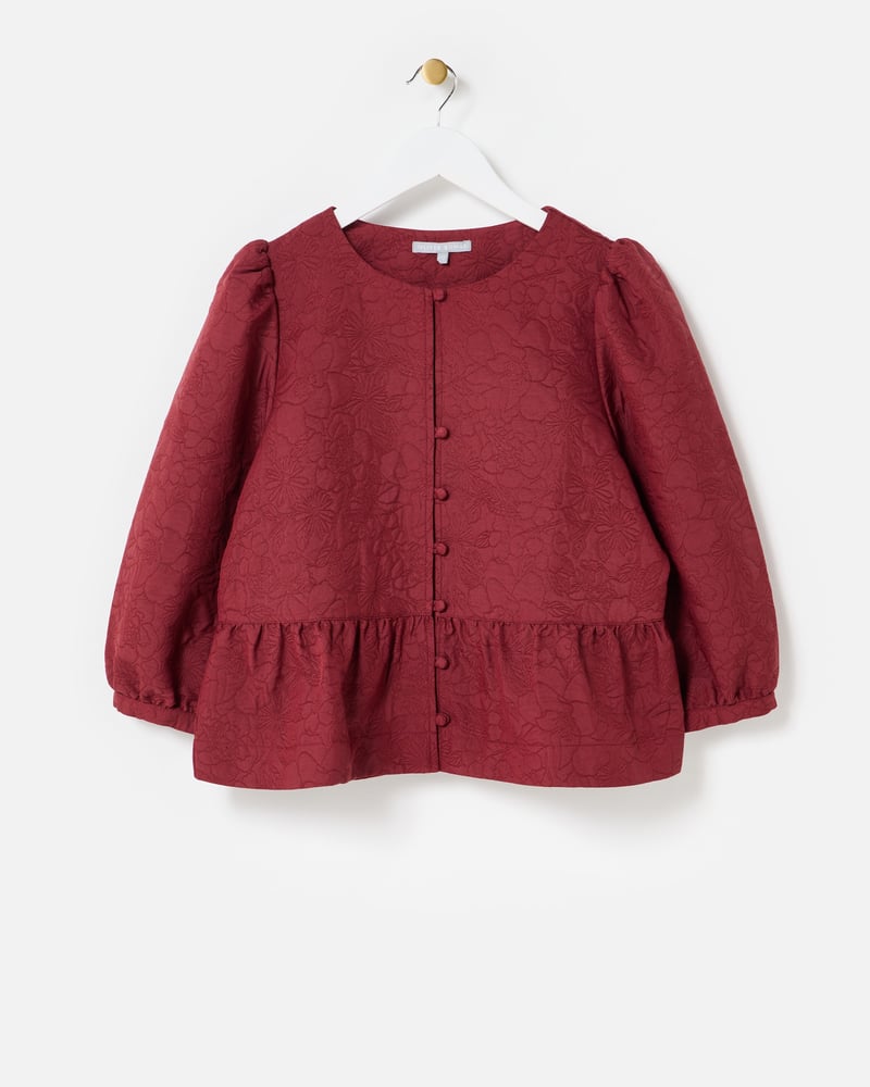 Burgundy Floral Jacquard Peplum Puff Sleeve Top