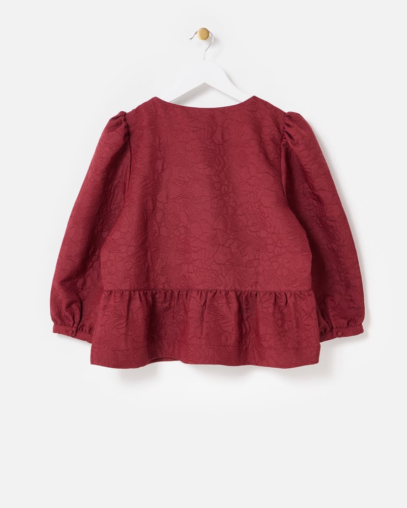 Burgundy Floral Jacquard Peplum Puff Sleeve Top