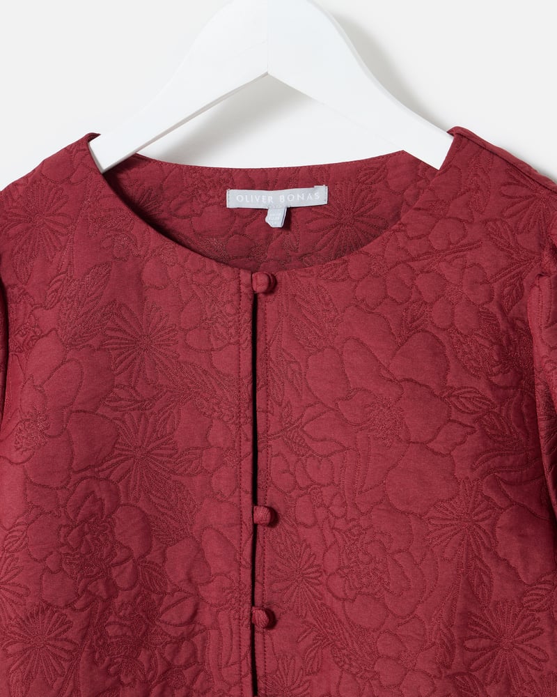 Burgundy Floral Jacquard Peplum Puff Sleeve Top
