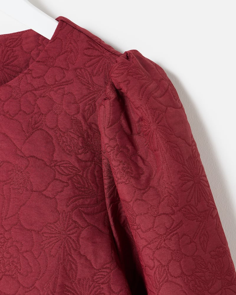 Burgundy Floral Jacquard Peplum Puff Sleeve Top