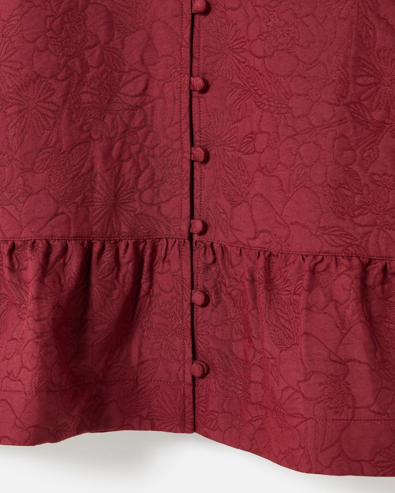 Burgundy Floral Jacquard Peplum Puff Sleeve Top