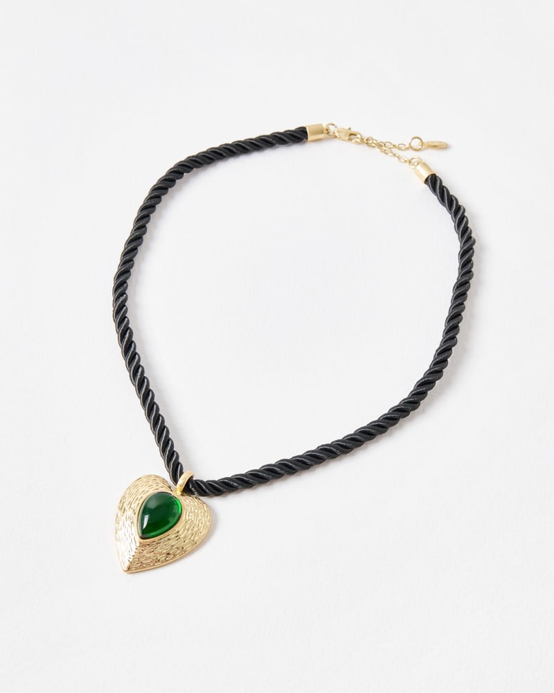 Calli Green Stone Textured Heart Pendant Cord Necklace