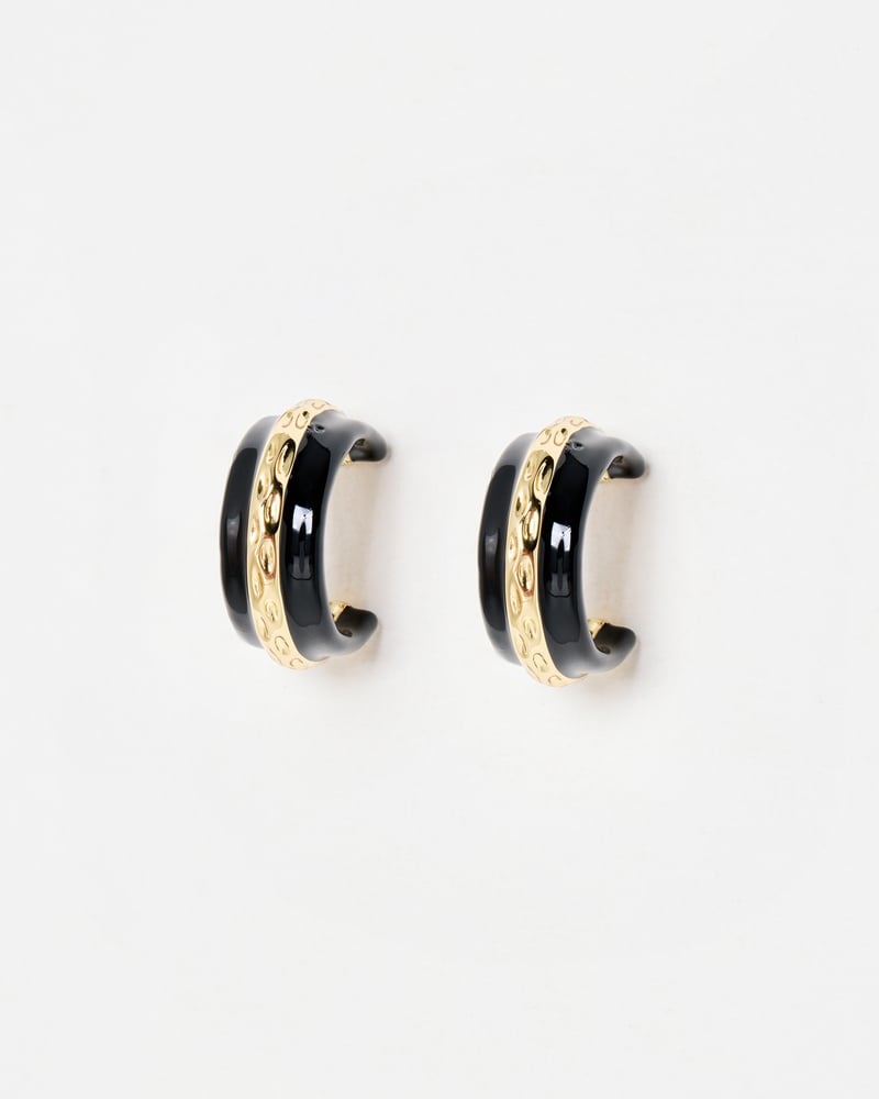 Calico Black Enamel & Gold Tone Large Hoop Earrings