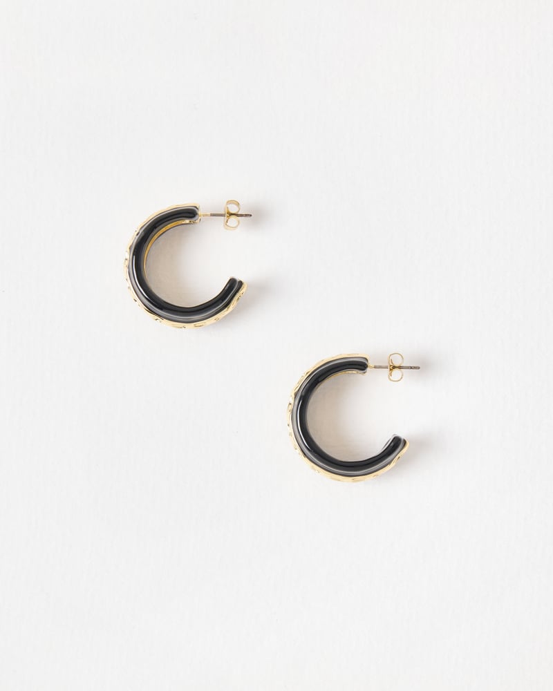 Calico Black Enamel & Gold Tone Large Hoop Earrings