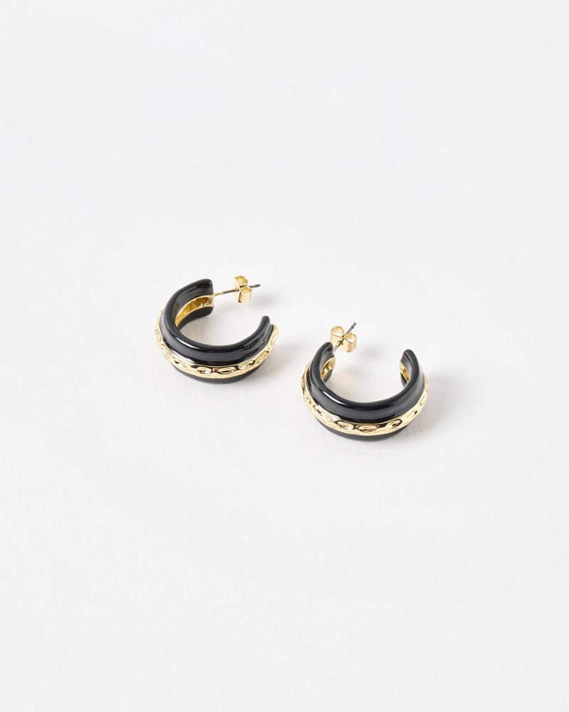 Calico Black Enamel & Gold Tone Large Hoop Earrings