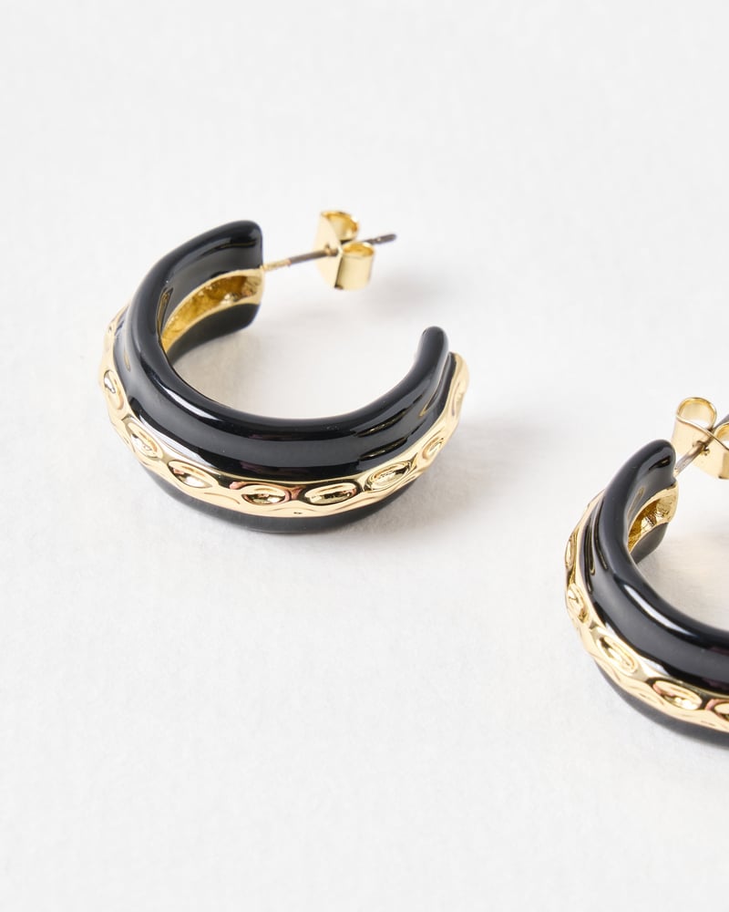 Calico Black Enamel & Gold Tone Large Hoop Earrings