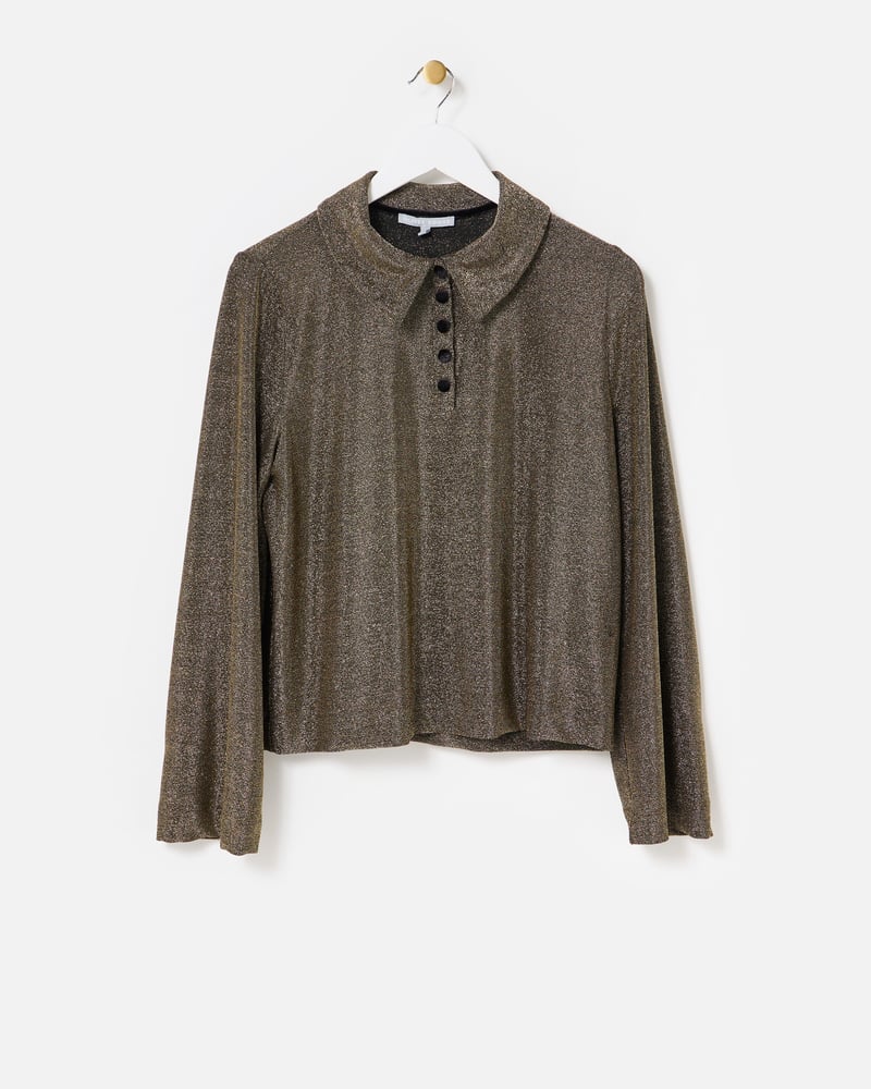 Brown Sparkle Long Sleeve Polo Neck Top