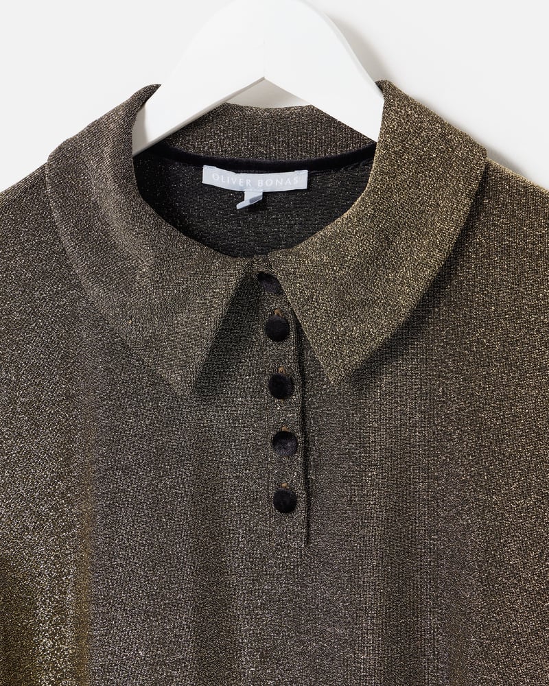 Brown Sparkle Long Sleeve Polo Neck Top