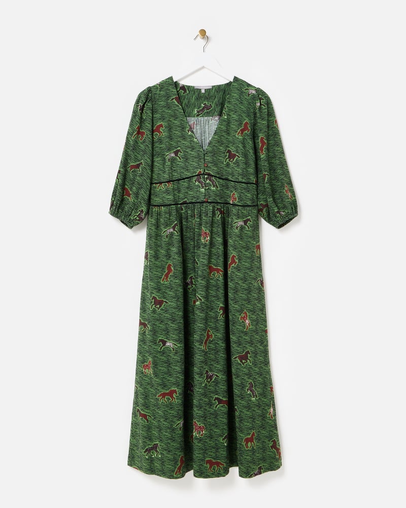 Green & Brown Horse Print V-Neck Midi Dress