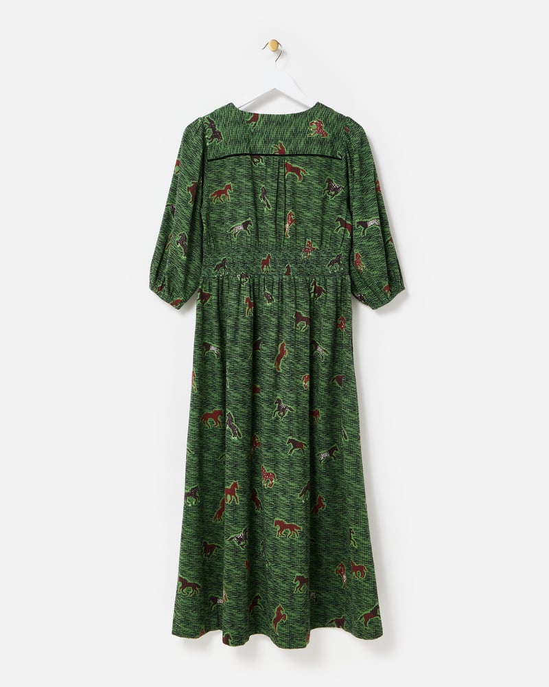 Green & Brown Horse Print V-Neck Midi Dress