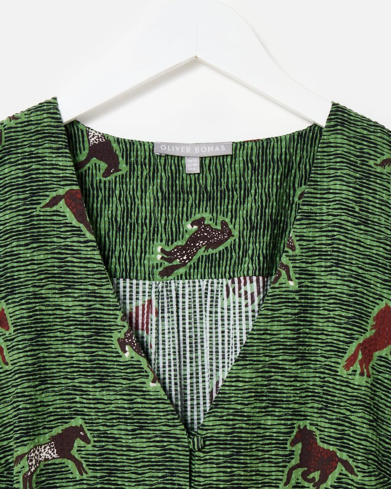 Green & Brown Horse Print V-Neck Midi Dress