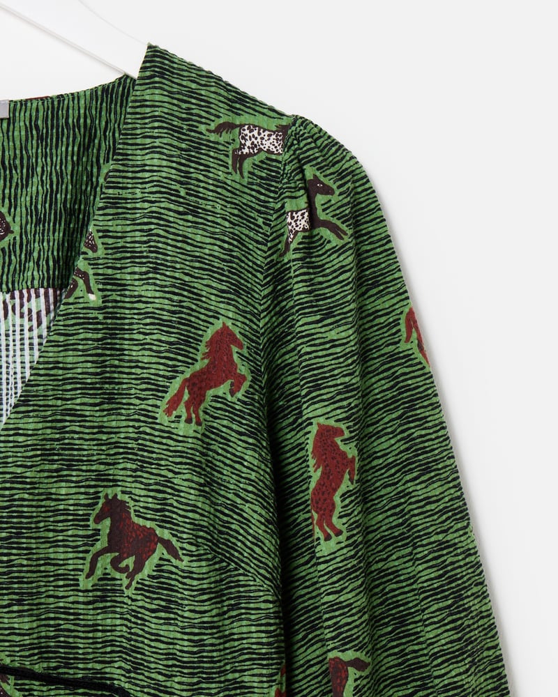 Green & Brown Horse Print V-Neck Midi Dress