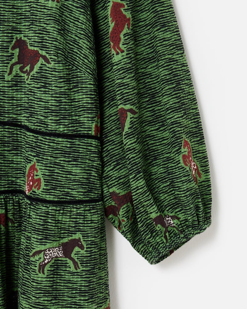 Green & Brown Horse Print V-Neck Midi Dress