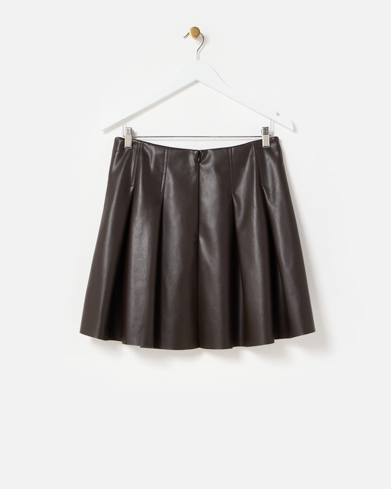 Chocolate Brown Faux Leather Pleated Mini Skirt
