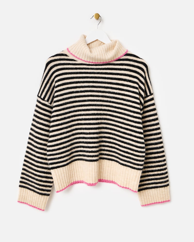 Monochrome & Pink Striped Roll Neck Knitted Jumper
