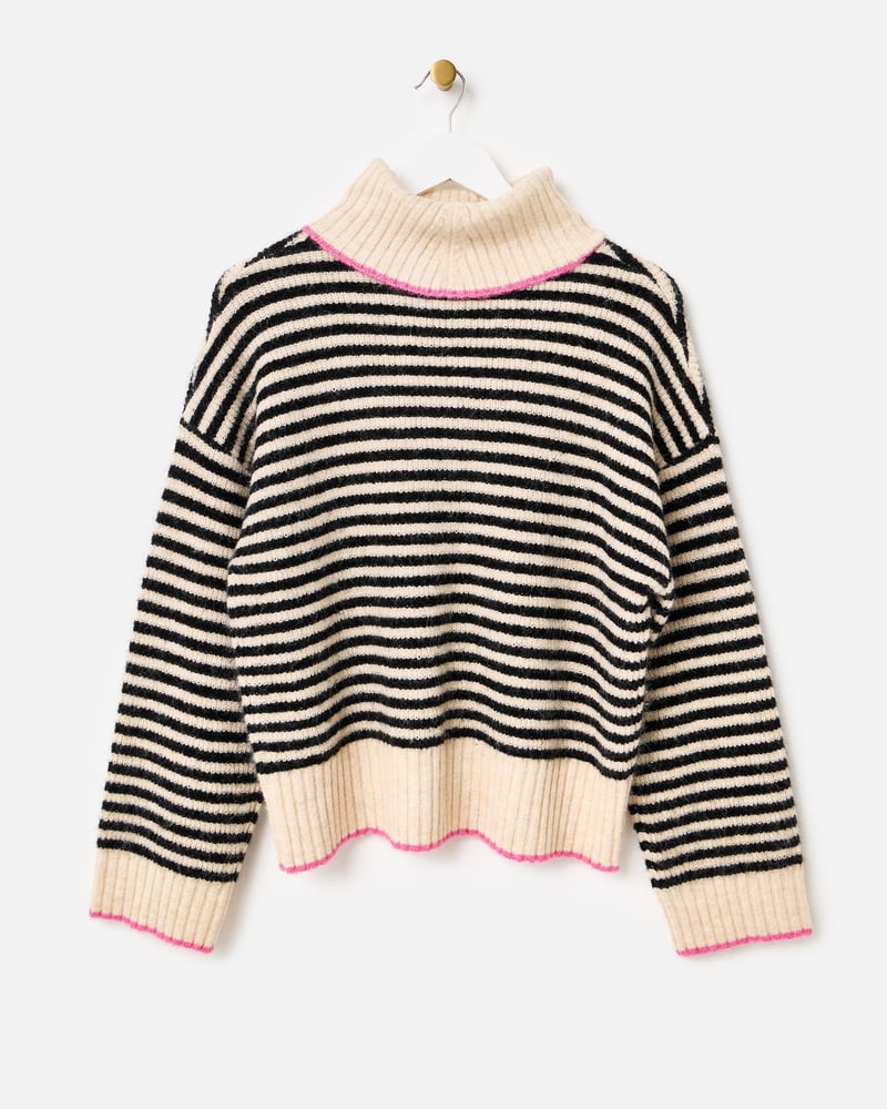 Monochrome & Pink Striped Roll Neck Knitted Jumper