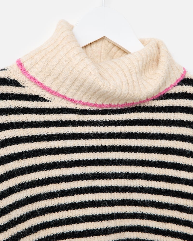 Monochrome & Pink Striped Roll Neck Knitted Jumper