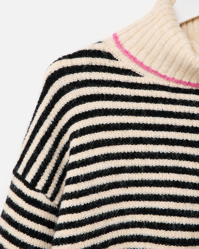 Monochrome & Pink Striped Roll Neck Knitted Jumper
