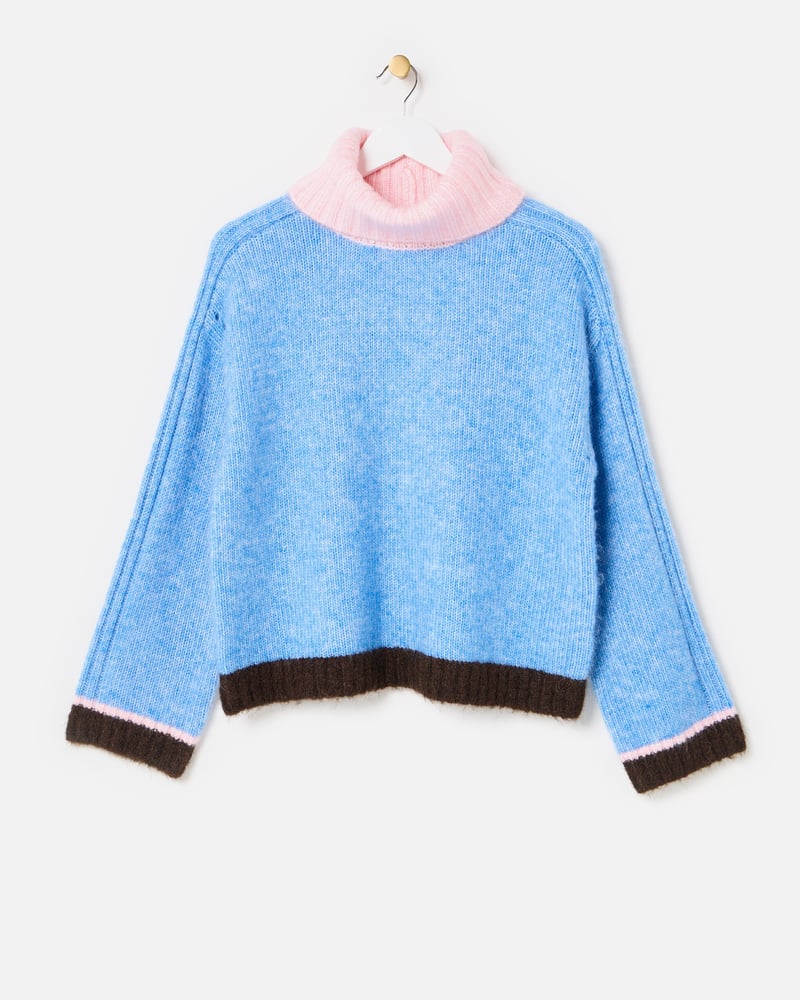 Blue Colour Block Roll Neck Knitted Jumper