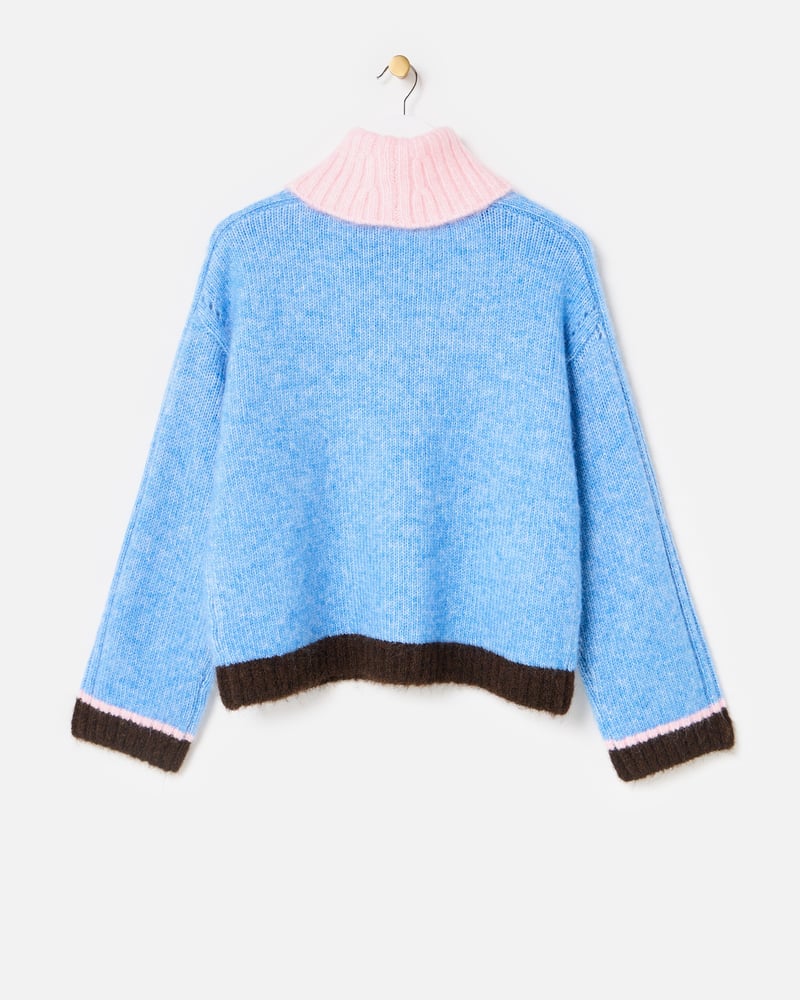 Blue Colour Block Roll Neck Knitted Jumper