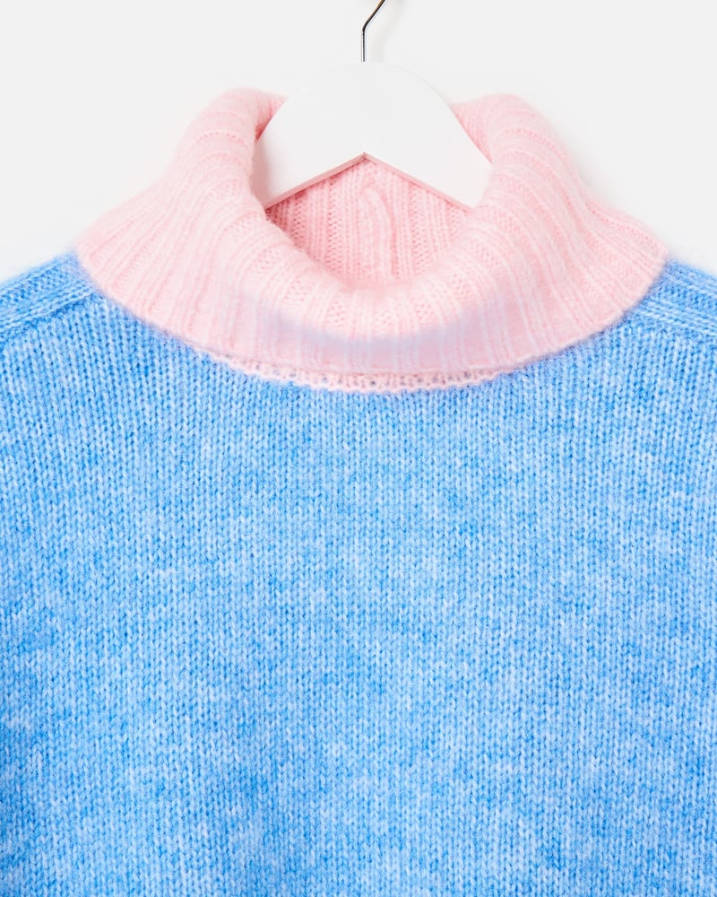 Blue Colour Block Roll Neck Knitted Jumper
