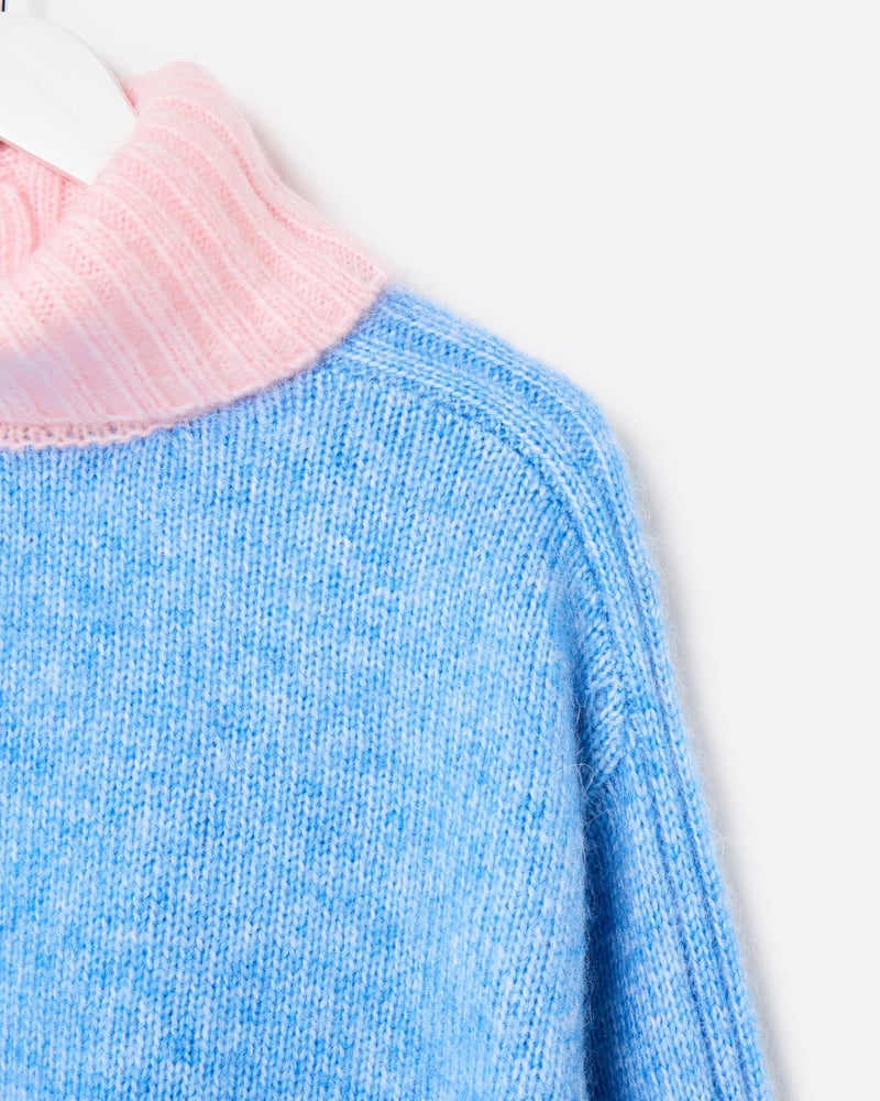 Blue Colour Block Roll Neck Knitted Jumper