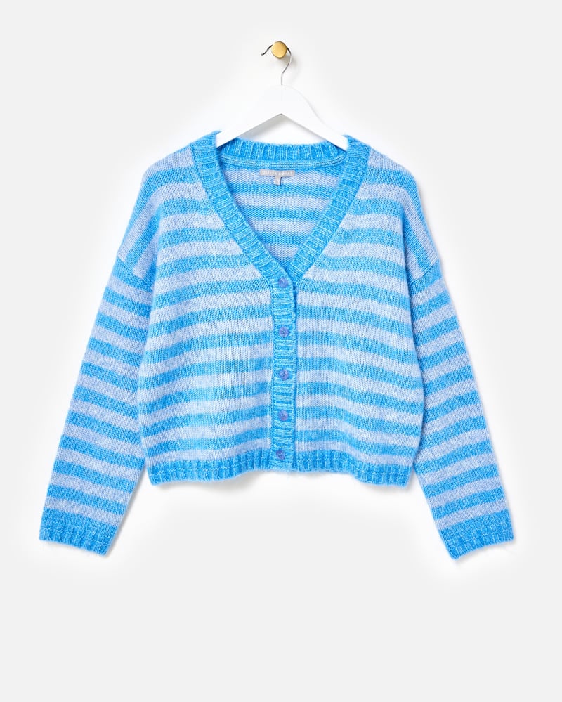Blue Striped V-Neck Knitted Cardigan