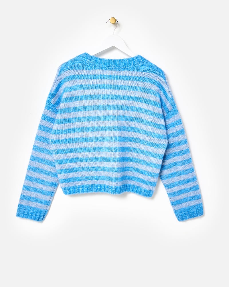 Blue Striped V-Neck Knitted Cardigan