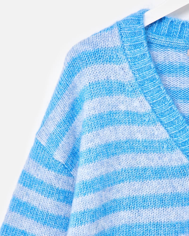 Blue Striped V-Neck Knitted Cardigan