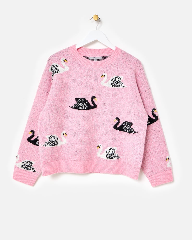 Pink Swan Crew Neck Knitted Jumper