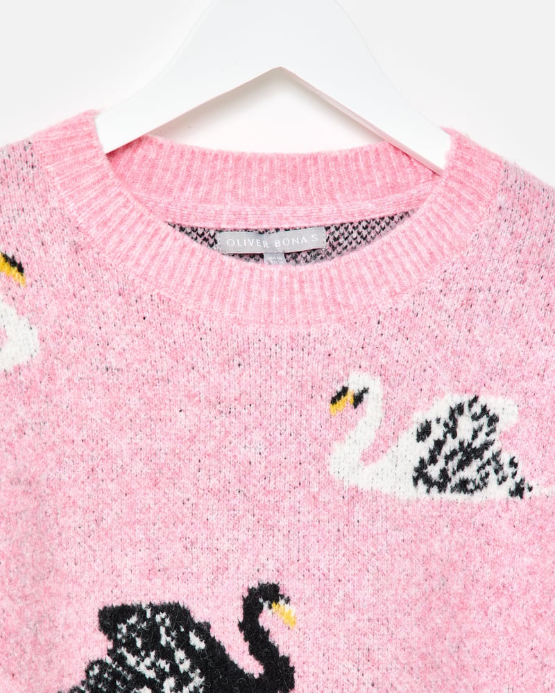Pink Swan Crew Neck Knitted Jumper
