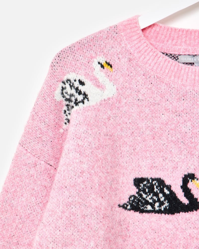 Pink Swan Crew Neck Knitted Jumper